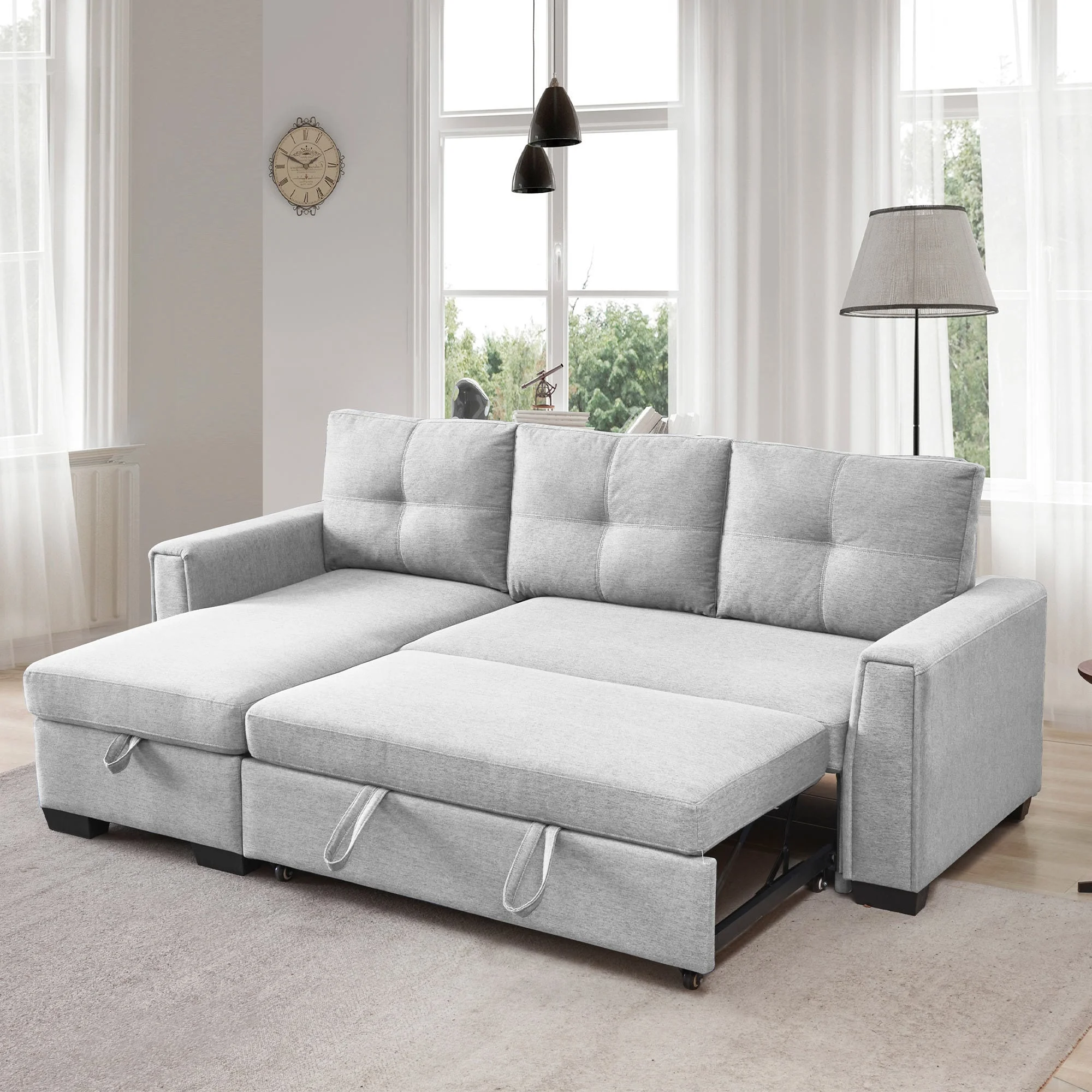 Panora  L-Shape Pull-Out Sleeper Sectional Sofa  - Light Grey