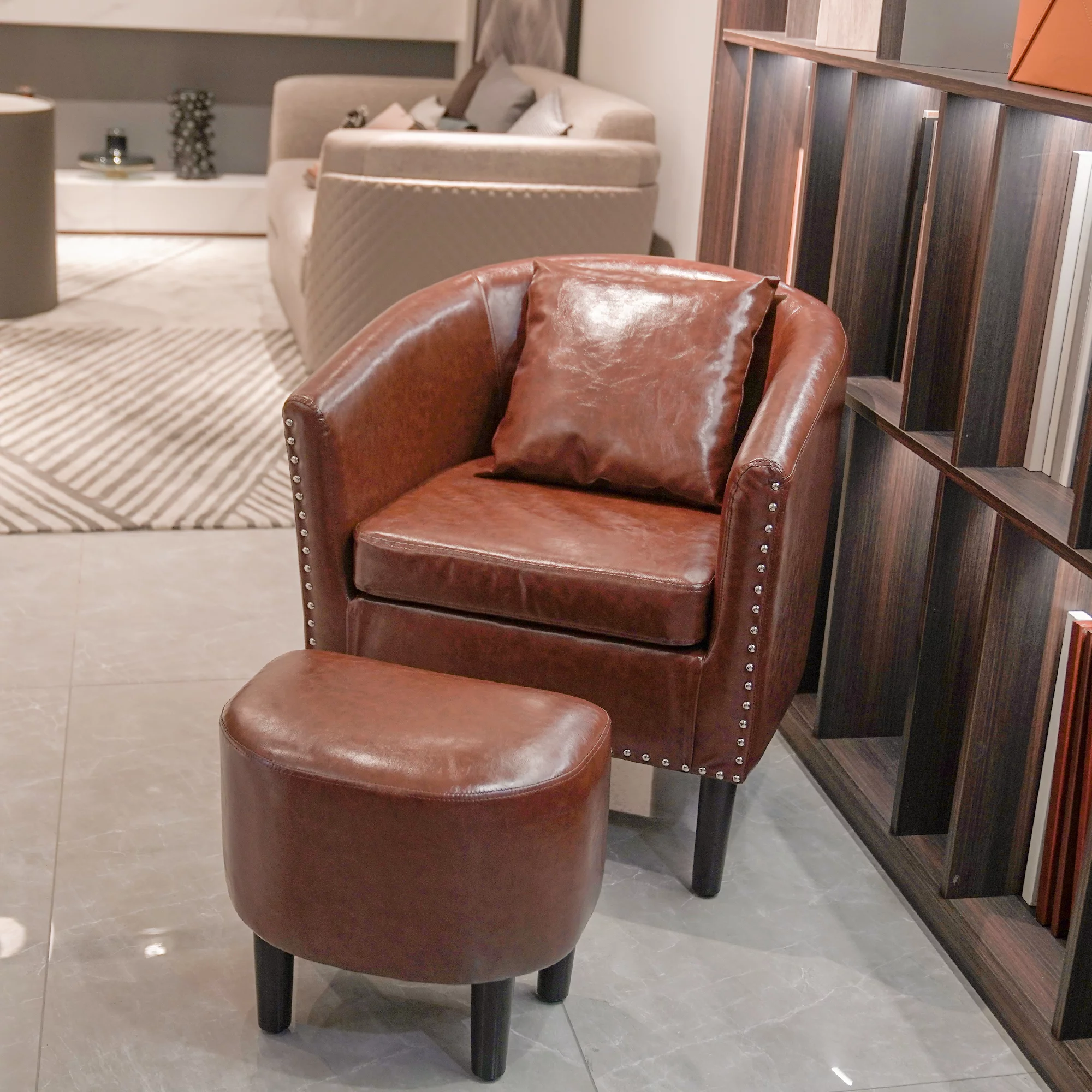 Living Room Chairs Faux Leather Modern Club Chair with Ottoman Cozy Arm Chair with 1 Pillow Brown