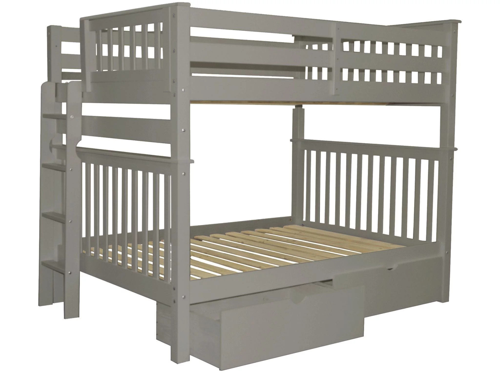 Bedz King Bunk Beds Full over Full Mission Style with End Ladder and 2 Under Bed Drawers, Gray