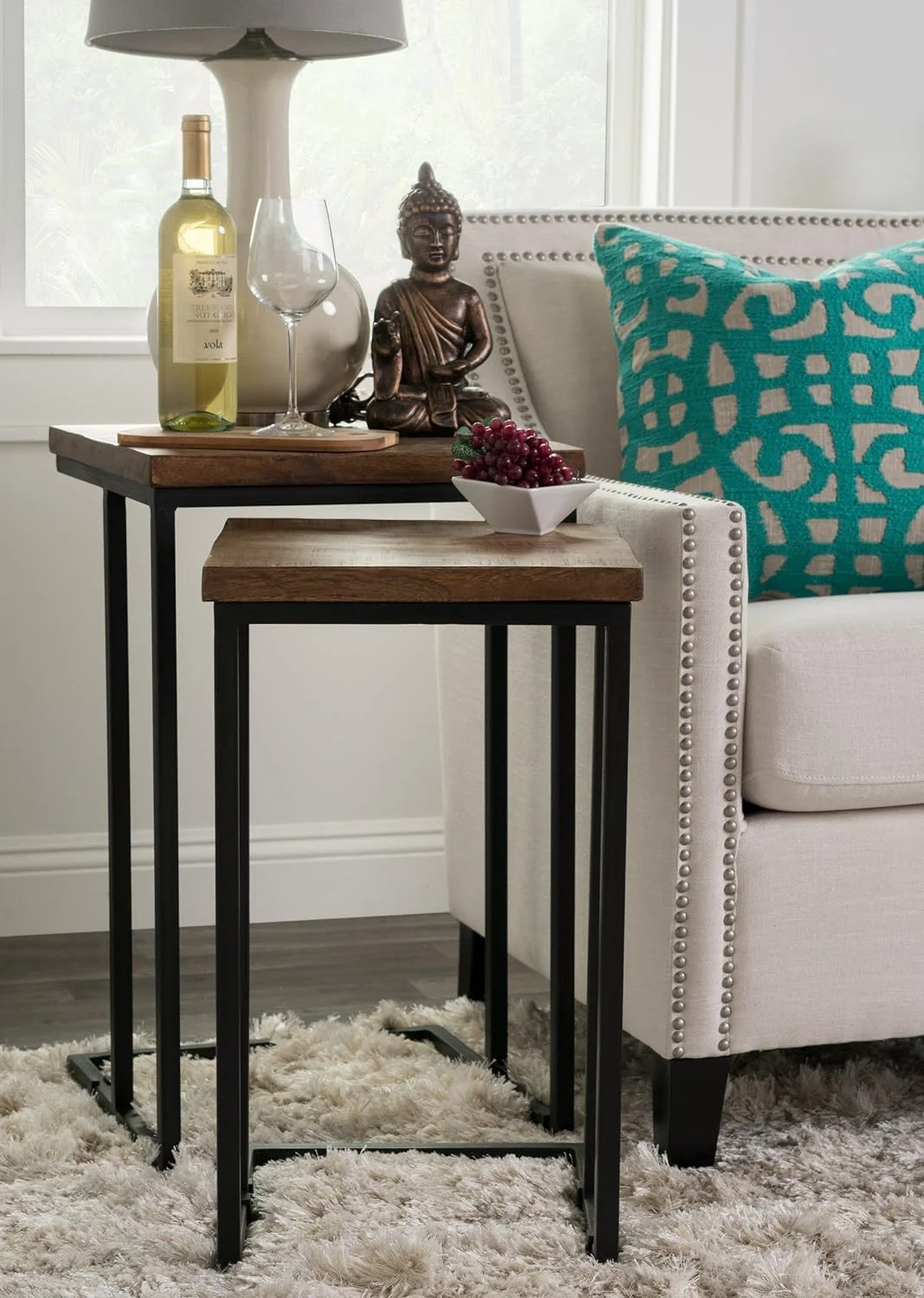 KHBIULIFE PL11551 Lynda Nesting Tables  Wood Top  finished In Mahogany And Iron Base In Black