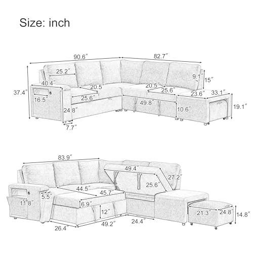 Merax L-Shaped Modular Sofa with Removable Storage Ottoman, USB Ports and Cup Holder, Upholstered Sectional Couch & Armrest, Free Combination Indoor Furniture for Living Room, Apartments, Gray