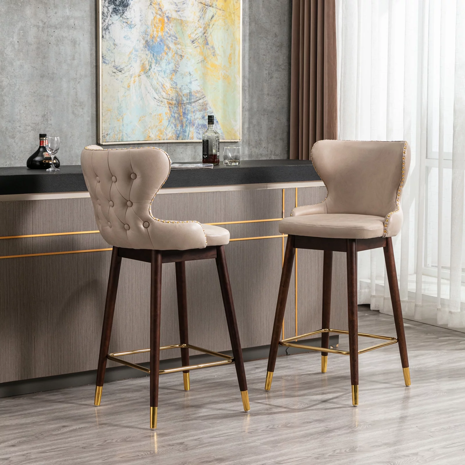 BTMWAY Bar Chairs Set of 2, Modern Upholstered Bar Stools with Gold Nailhead Trim and Solid Wood Legs, Leisure Cushioned Counter Stools with Wing-Back Backrest and Golden Footrest, Beige