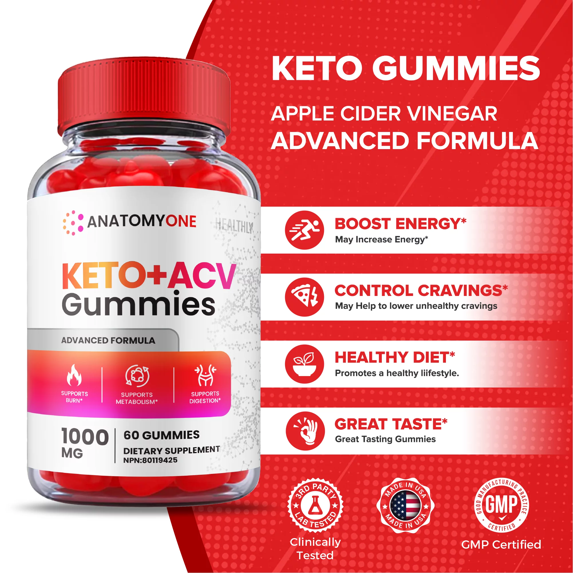 (3 Pack) Anatomy One Keto Gummies ACV Apple Cider Vinegar Vegan 180 Gummies