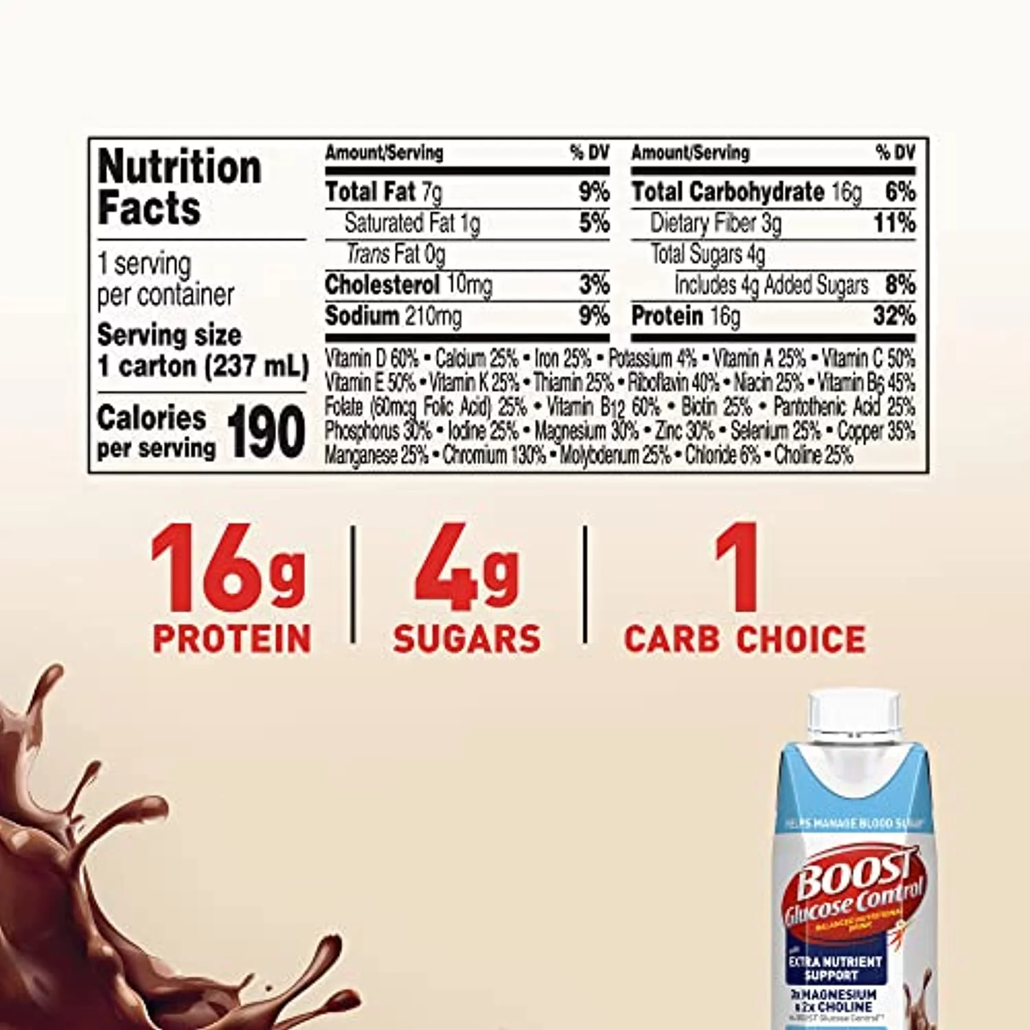 Boost Nutritional Drinks Glucose Control With Extra Nutrient Support Drink, Rich Chocolate, 8 Fl Oz, Pack Of 24