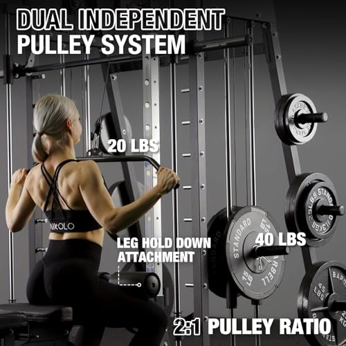 Mikolo Smith Machine, 2200lbs Squat Rack with LAT-Pull Down System & Cable Crossover Machine, Training Equipment with Leg Hold-Down Attachment