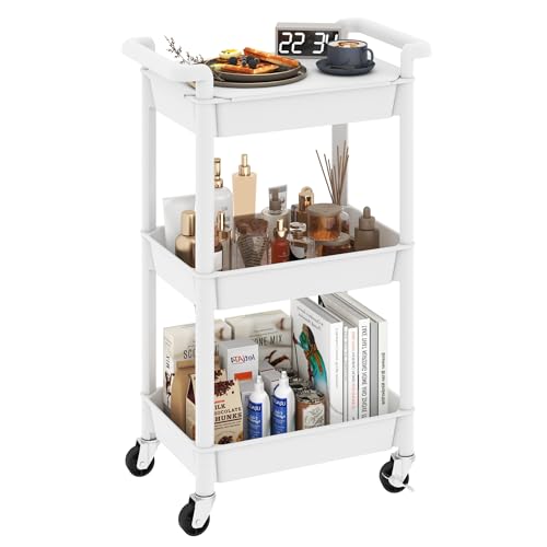 3-Tier Utility Rolling Cart with Cover Top Board, Mobile Utility Cart with Lockable Casters Multi-Functional Storage Trolley for Office, Bathroom, Kitchen, Garden, Laundry Room (Green)