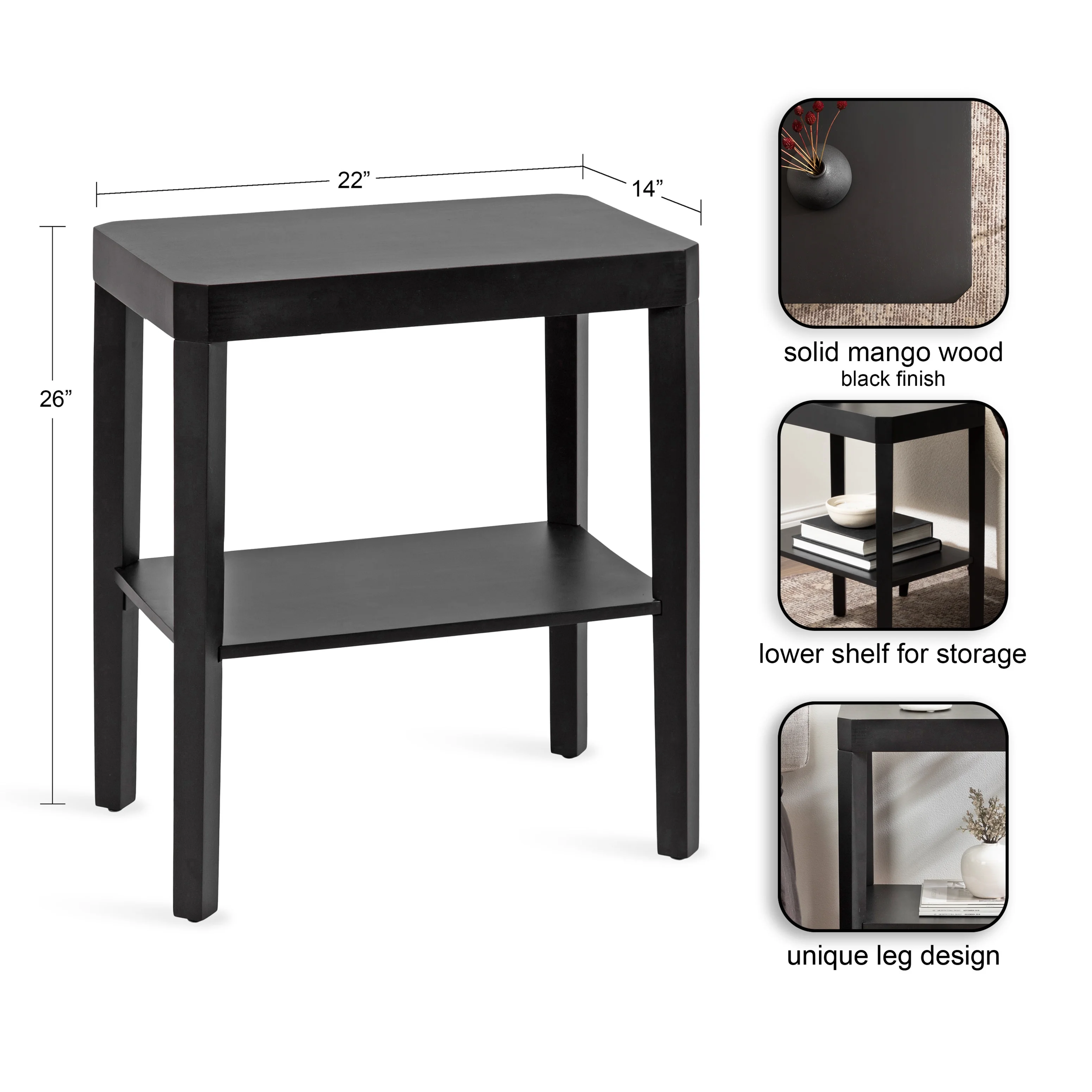 Kate and Laurel Talcott Modern Rectangle Wood Side Table, 22 x 14 x 26, Black, Transitional Decorative Two-Tier End Table for Use as a Bedroom Nightstand or Living Room Accent