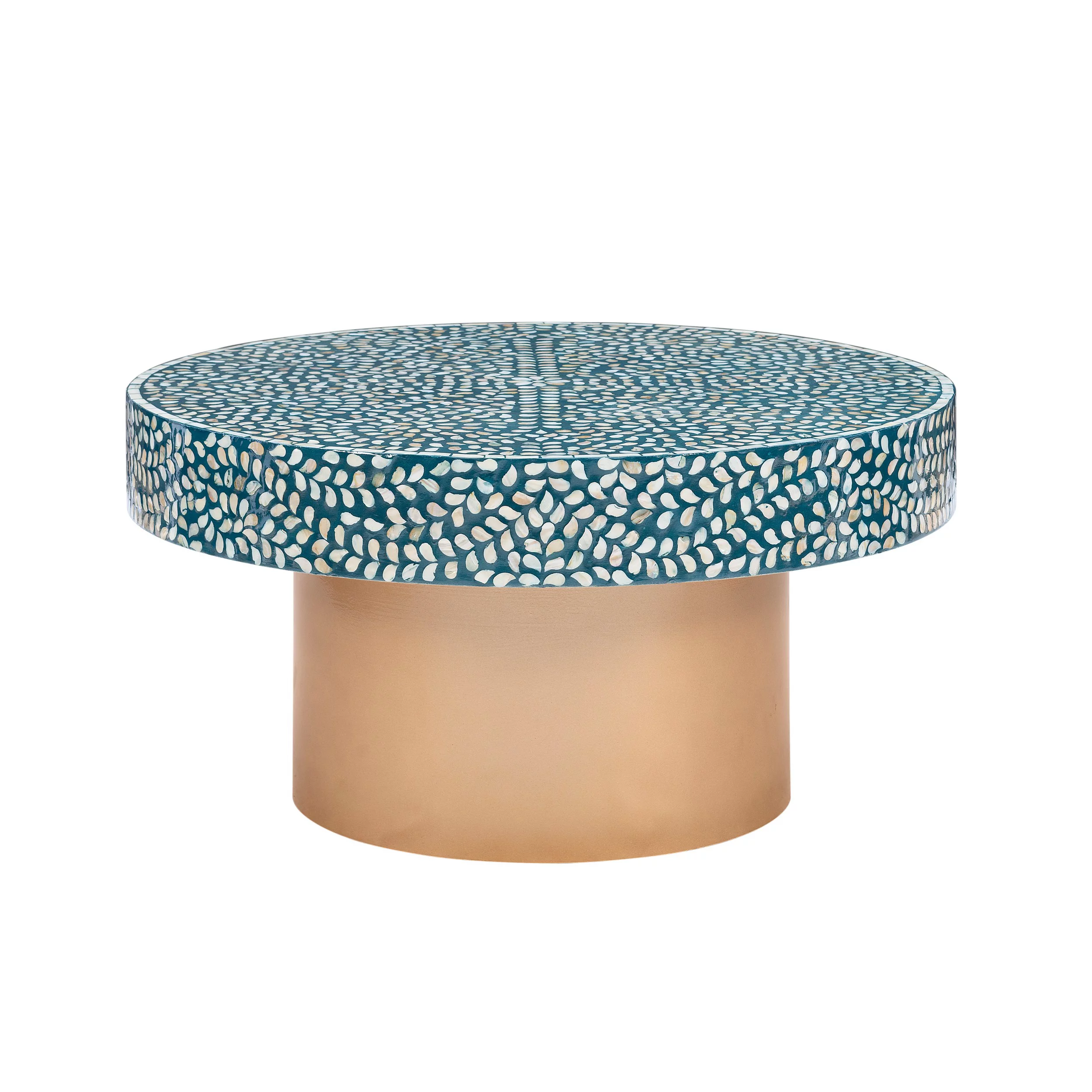 Linon Saxony Round Coffee Table, Blue Mother of Pearl