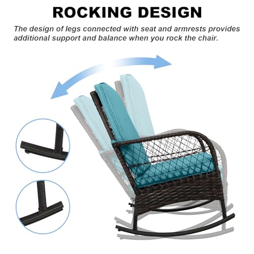 LEVELEVE 3 pcs Rocking Bistro Set Conversation Chairs PE Wicker Outdoor Rocking Chairs (Lake Blue)