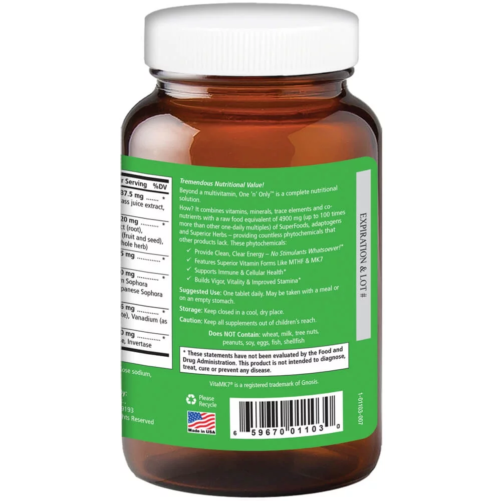 One N Only Multivitamin - One a Day Whole Food Supplement with Superfoods, Minerals, Enzymes, Vitamin D, D3, B12, Biotin by Pure Essence - 30 Tablets