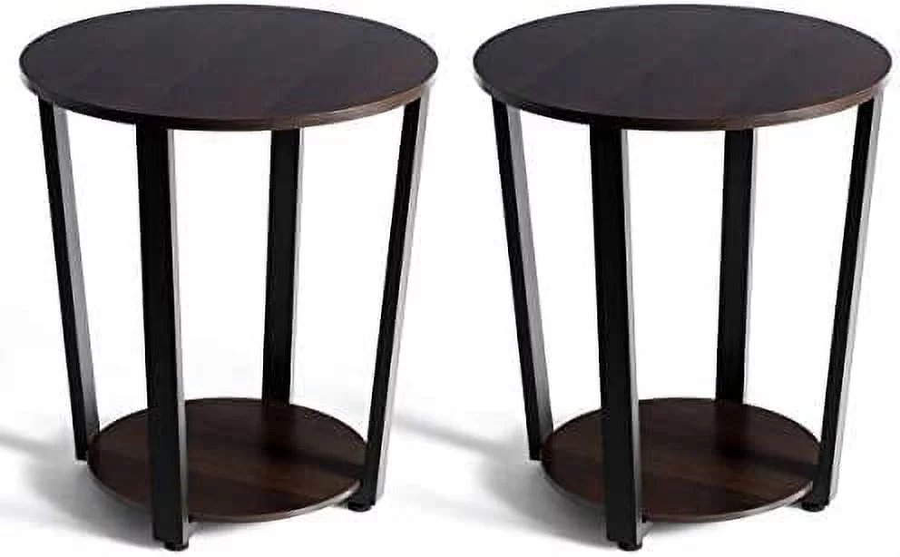 Round End Table, 2-Tier Metal Sofa Table With Storage Shelf, Round Side Table With Metal Frame, Industrial Style Accent Furniture For Home Living Room Bedroom (2, Espresso)