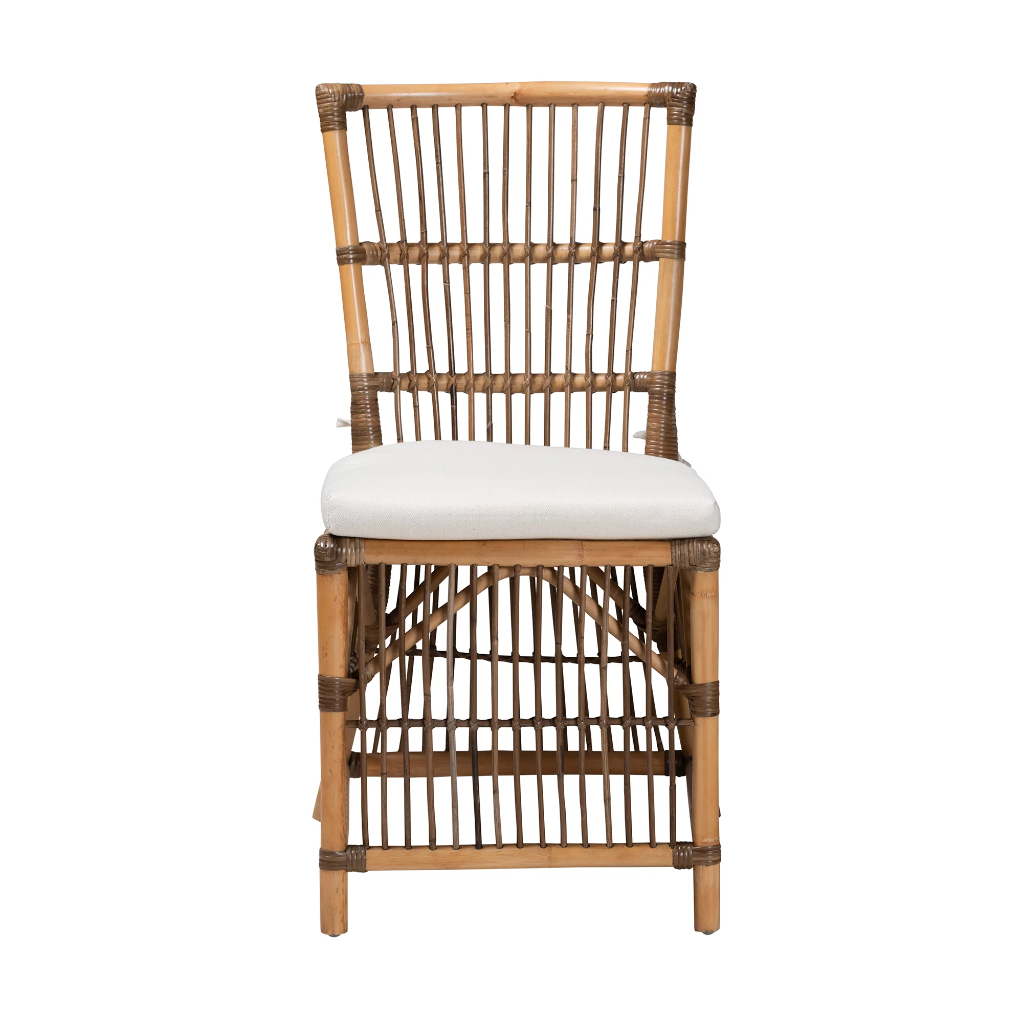 bali & pari Kim Modern Bohemian White Fabric and Natural Brown Rattan Dining Chair