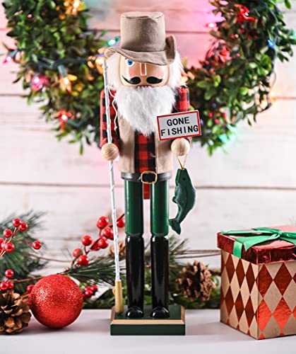 Ornativity Christmas Fisher Man Nutcracker – Red and Green Wooden Fisherman Nutcracker Man with Fishing Rod and Fish in Hand Xmas Themed Holiday Nut Cracker Doll Figure Decorations 15
