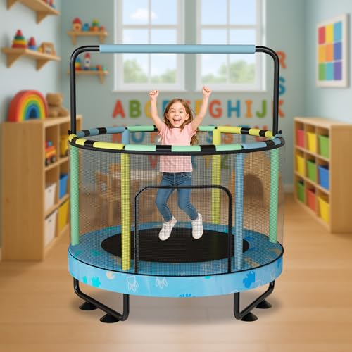 Lamerge Trampoline for Kids, ASTM-Approved with Safety Enclosure Net, Indoor for Toddlers Fun, 500lbs Capacity, 1-8 Children, Adjustable Handrail, 7-in-1, 55