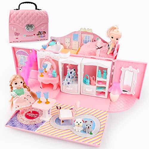 deAO Dollhouse Portable Backpack for Girls Pretend Playhouse with Furniture & Figures 2 in 1 Playhouse Set Birthday Toys for Age 3-6 Year Old Kindergarten Toddlers Preschoolers