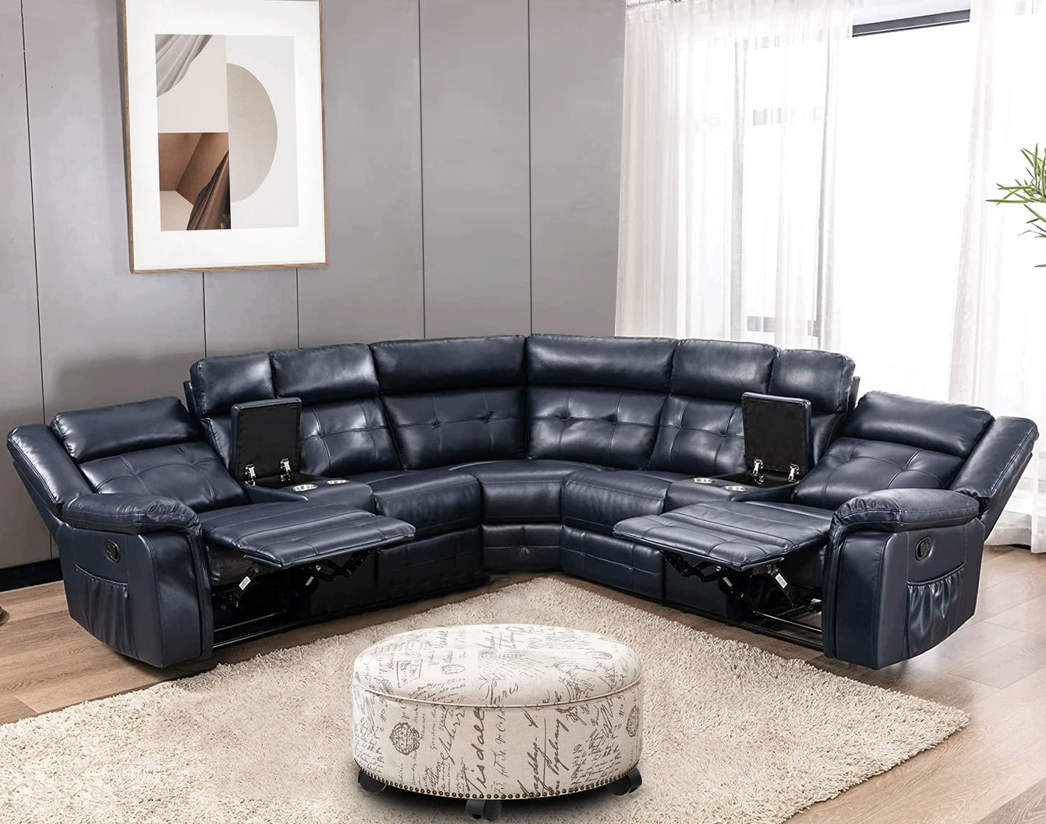 2-Piece Living Room Set, PU Leather Sectional Sofa Set with Caster Ottoman, 5 Seater Home Theater Sofa with Beige Storage Ottoman, Reclining Couch with Cup Holders, Deep Blue