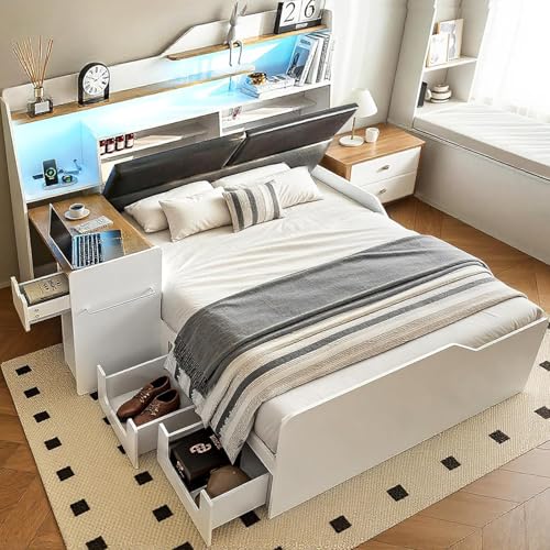 Full Platform Bed Frame with Foldable Desk, Daybed with Storage Headboard, Bookcase, 4 Drawers, LED Light & Charging Station, No Box Spring Needed, Space-Saving Design