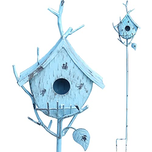 Bird Houses for Outside with Pole, Metal Birdhouse Stake for Outdoors Rustic Bird House On Pole Stand Farmhouse Birdhouse Decor Decorative Garden Yard Art 39