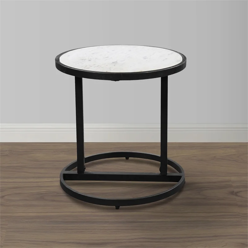 Beri Side End Table Round White Natural Marble Top Classic Slim Black Iron Frame