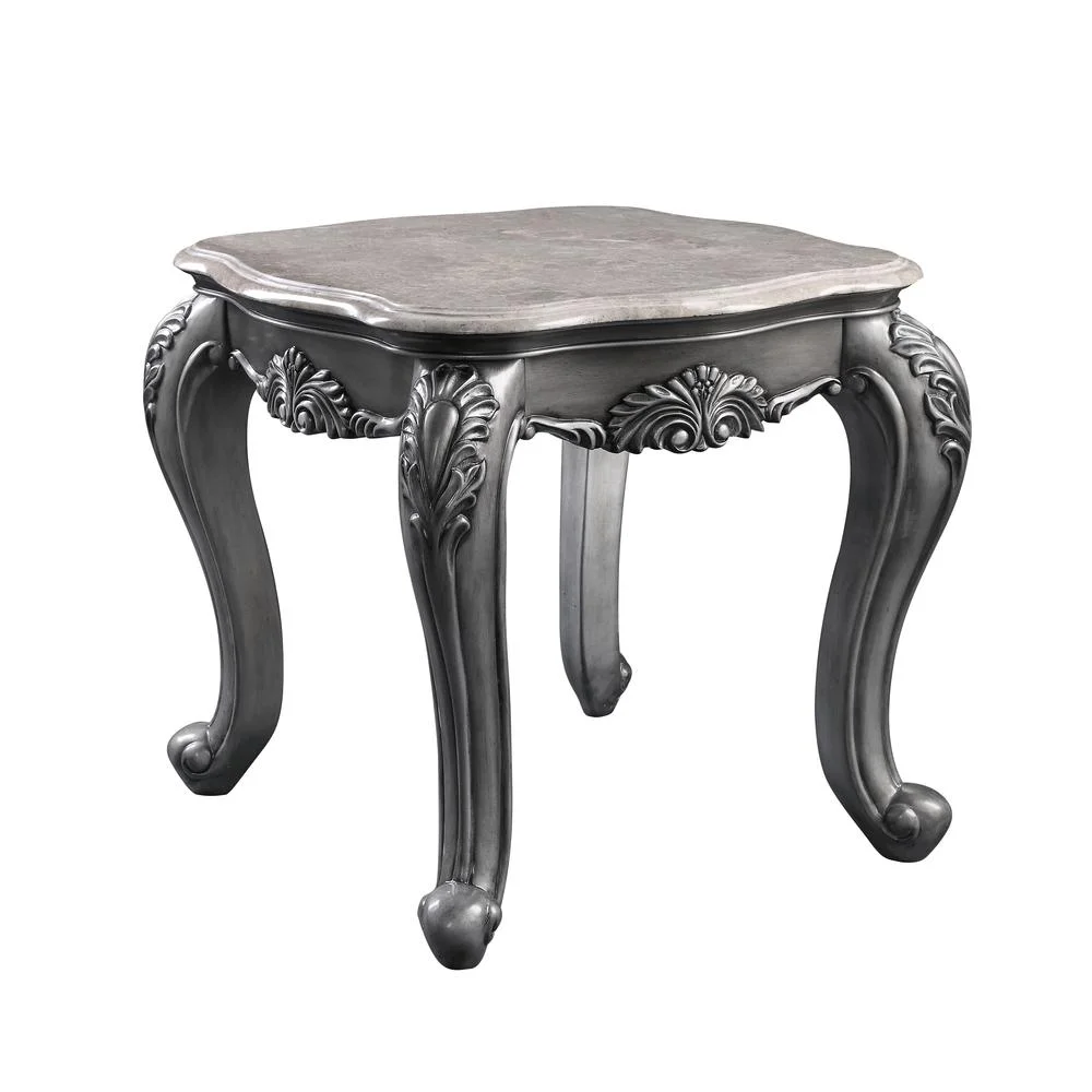 ACME Ariadne Rectangular Marble Top Wooden End Table in Gray Platinum