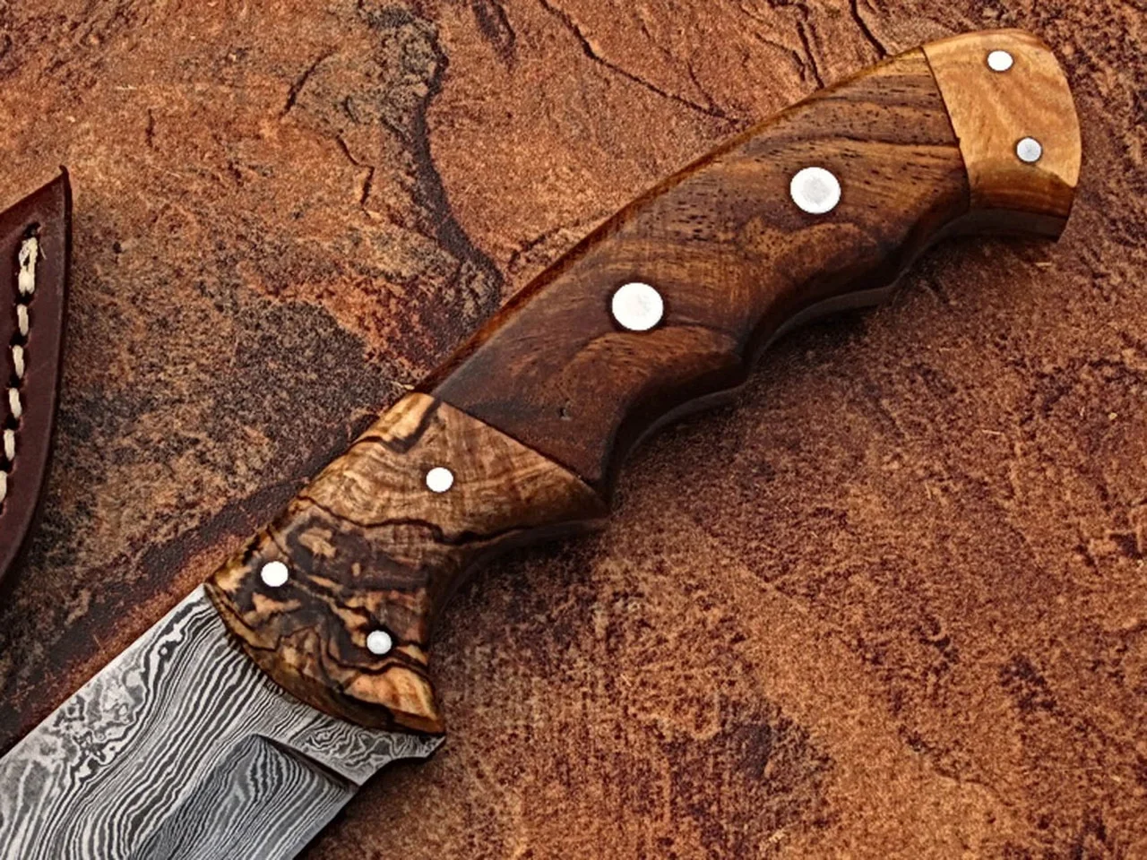 White Deer Exclusive Damascus Steel Bowie Knife With Rose Wood & Burl Olive Wood