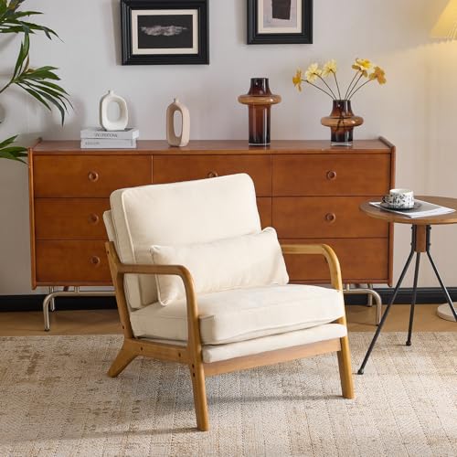 VINGLI Chenille Mid-Century Modern Accent Chair, Cute Reading Arm Chair with Cushion & Lumbar Pillow & Solid Wood Frame for Lounge, Living Room, Reading Room, Bedroom,Cream
