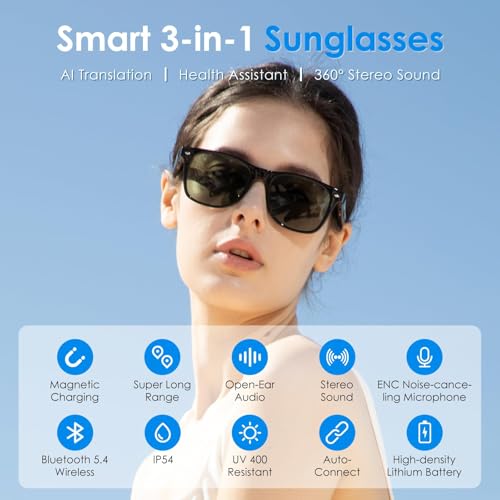 Bluetooth Sunglasses for Men/Women, AI Translator, 11H Battery Life, Polarized Lens, UV Protection, Voice Control, Built-in Mic & Speakers, Smart Eyewear for Gaming Meeting Travel