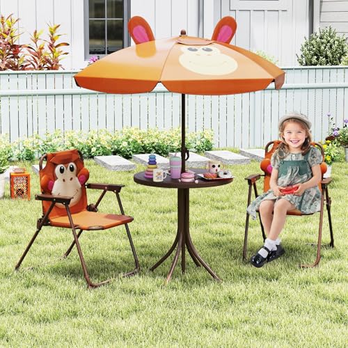 HOMGX Kids Picnic Table with Umbrella, Kids Outdoor Table with 2 Folding Chairs, Height Adjustable Umbrella, Portable Kids Outdoor Furniture for Backyard, Garden, Patio (Brown)