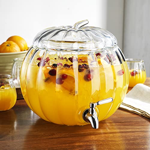 Home To Table 2.11 Gallon Clear Glass Pumpkin Ice Cold Jug Beverage Dispenser With Stainless Steel Easy Flow Spigot/Trick Or Treat Bowl Great For Outdoors, Parties, Bars & Daily Use