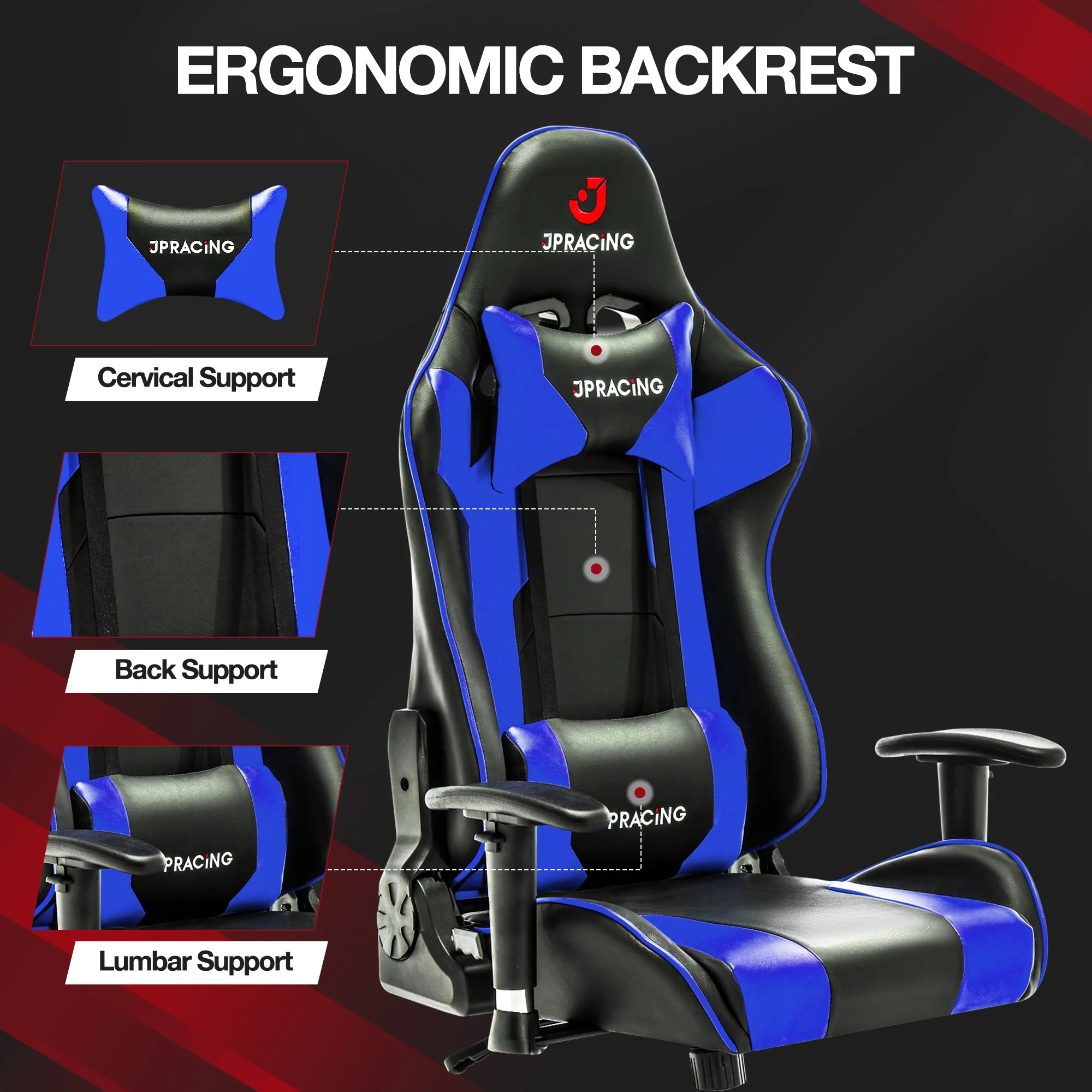 JONPONY Gaming Chair Office Chair PU Leather with Adjustable Headrest,Blue