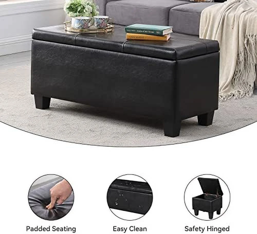 Hinged  Ottoman Set of 3  38'' Bench Ottoman with Thick Seating and   Bedroom End of Bed Bench Window Bench with 2pcs Small Foot Rest (Blue - Fabric)