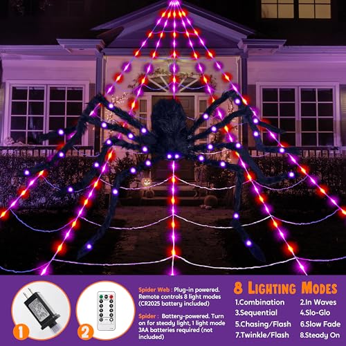 JOYIN Halloween Spider Web and 59'' Giant Light-up Spider, 16.4 x 15.7 Ft Large Lighted Triangular Spiderweb with 8 Lighting Modes for Patio, Garden, Yard Haunted House Indoor Home Party Outdoor Decor