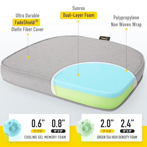 SUNROX Gel Memory Foam Chair Cushions, FadeShield Water-, Stain-Resistant Durable Reversible Seat Cushion Pads with Ties for Indoor/Outdoor Kitchen Dining Office, 17