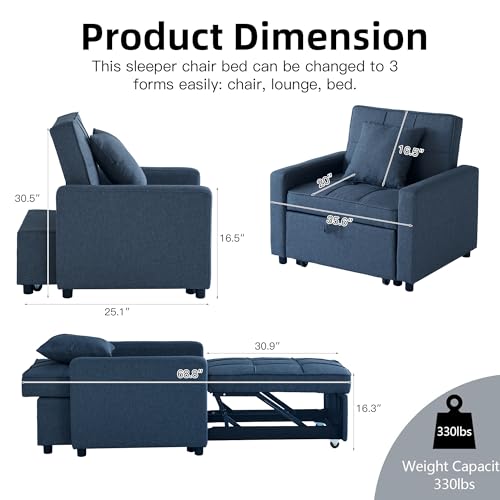 Sofa Bed Chair Convertible ，Sleeper Sofa with Pull-Out Bed ，3-in-1 Futon Couch with Reclining Backrest and Side Pocket (Blue, 35.6‘)