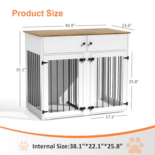 Dog Crate Furniture for 2 Dogs, 41 Inch Double Dog Cage with Removable Divider, Wooden Dog Cage, Dog Kennel Indoor with 2 Doors for Medium/Small Dogs, White
