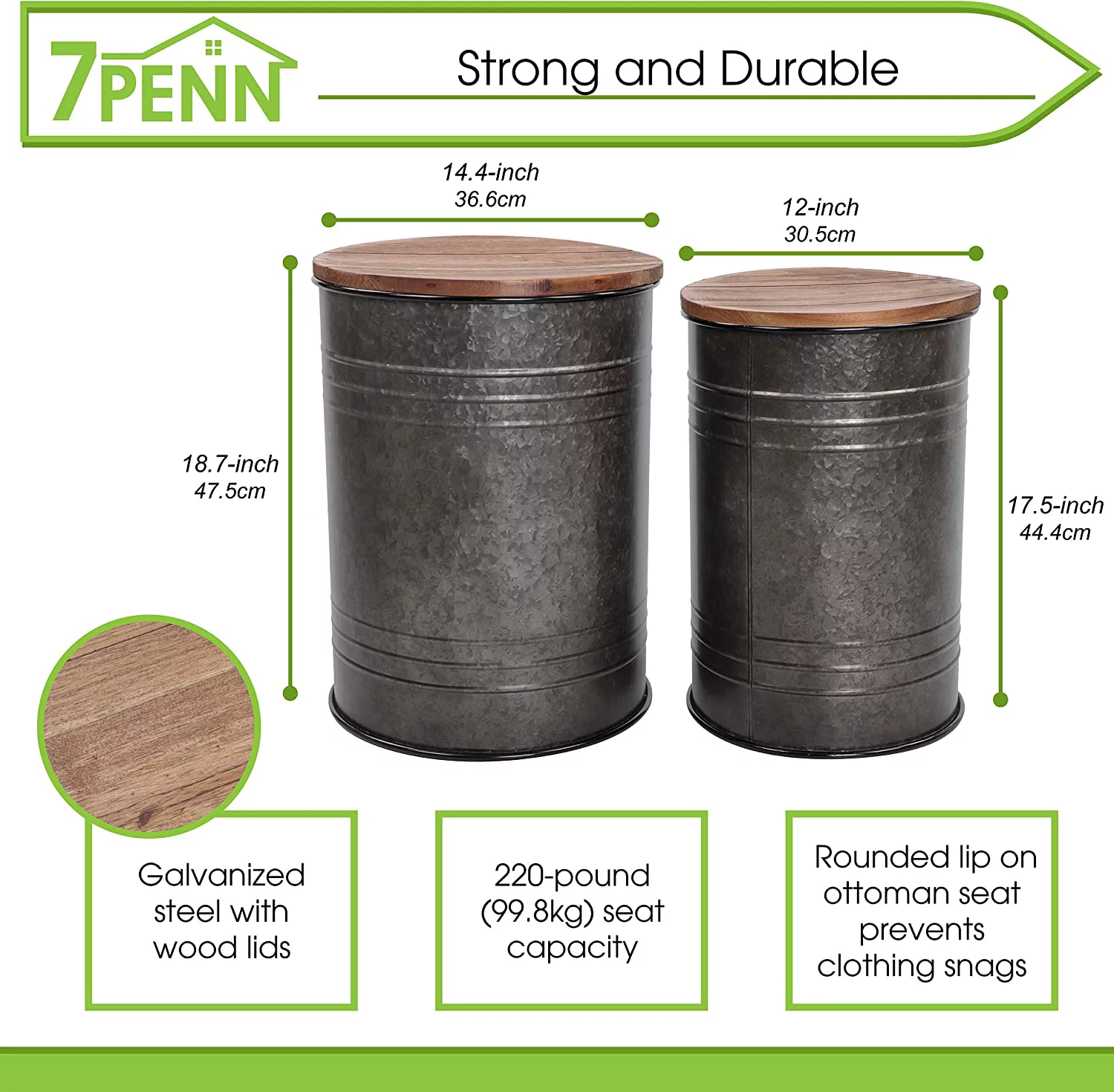 Farmhouse Side Table  Ottoman Set - 2pk Galvanized Metal Barrel Living Room Blanket