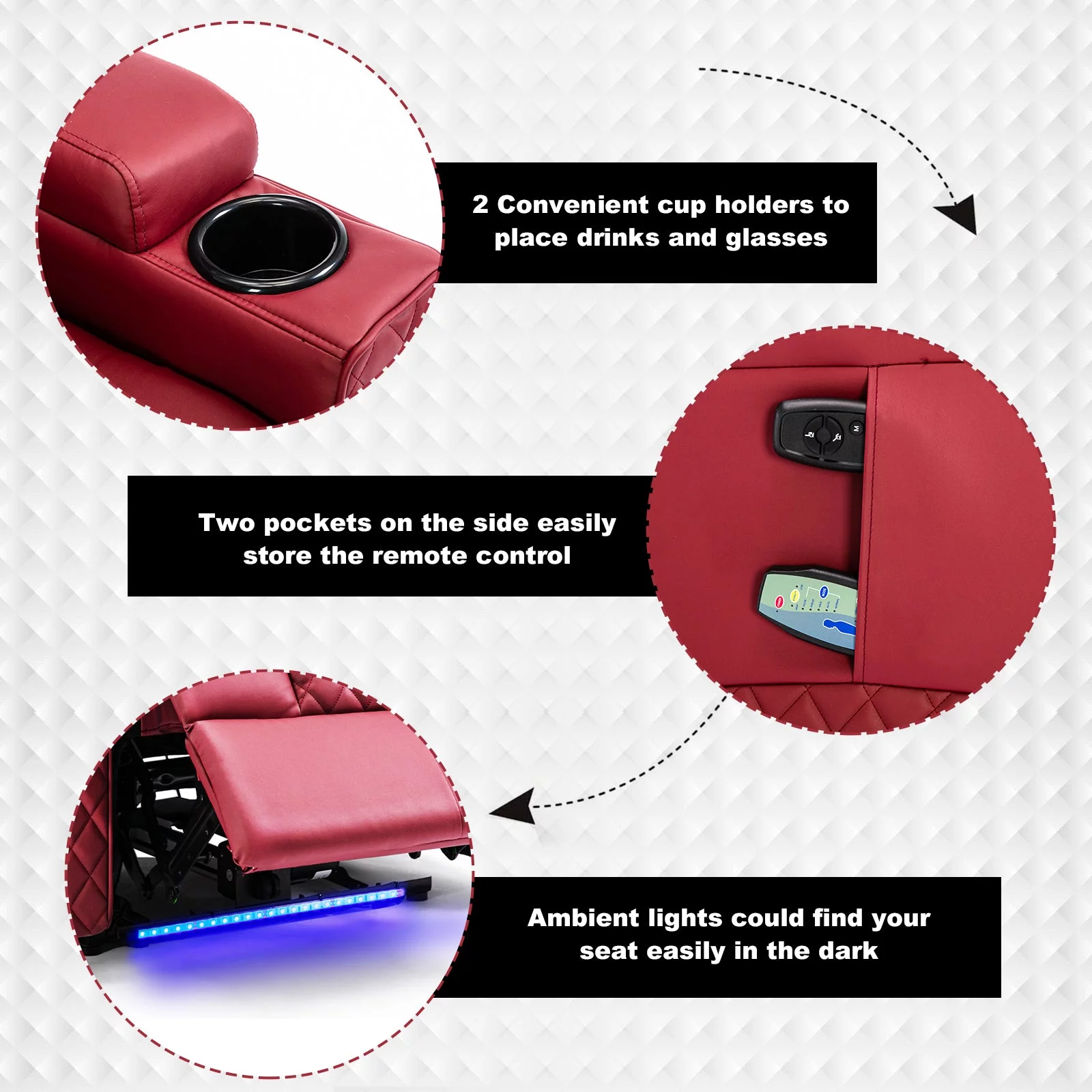 COMHOMA Massage Recliner Chair PU Leather Big Living Room Theater Sofa Chair with LED Light, Red