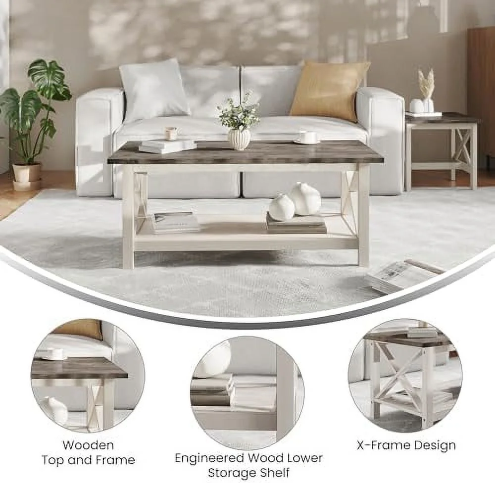 KHBIULIFE Farmhouse Style Solid Wood Coffee Table with Traditional X-Frame Design and Lower  in Acacia Gray and Rustic White