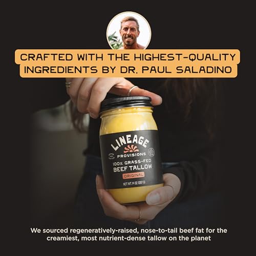 Lineage Provisions - 100% Grass-Fed & Finished Beef Tallow – 3-Pack Glass Jars – US-Raised Cattle – Nose-to-Tail Rendered – Cooking Oil Alternative, Keto & Paleo Friendly