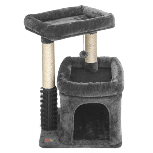 Small Cat Tree with Scratching Post Indoor, Cat Trees for Indoor, Cat Tower with Condo, Plush Cozy Perch, Massage Brush, Activity Hanging Pompoms