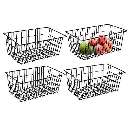 Redrubbit Wire Storage Baskets, Large Farmhouse Metal Freezer Basket Storage Organizer Bins with Handles for Kitchen Cabinets, Pantry, Closets, Bedrooms, Bathrooms, Set of 6, White