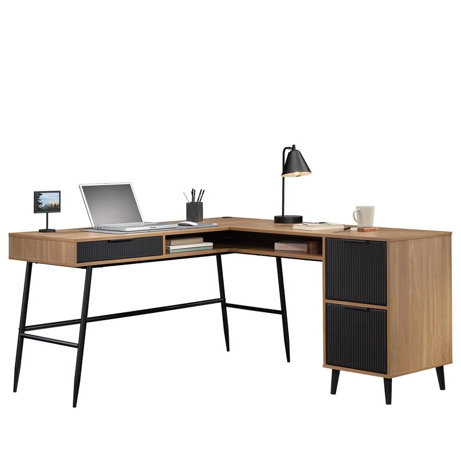 Sauder Ambleside Engineered Wood/Metal L-Desk in Serene Walnut