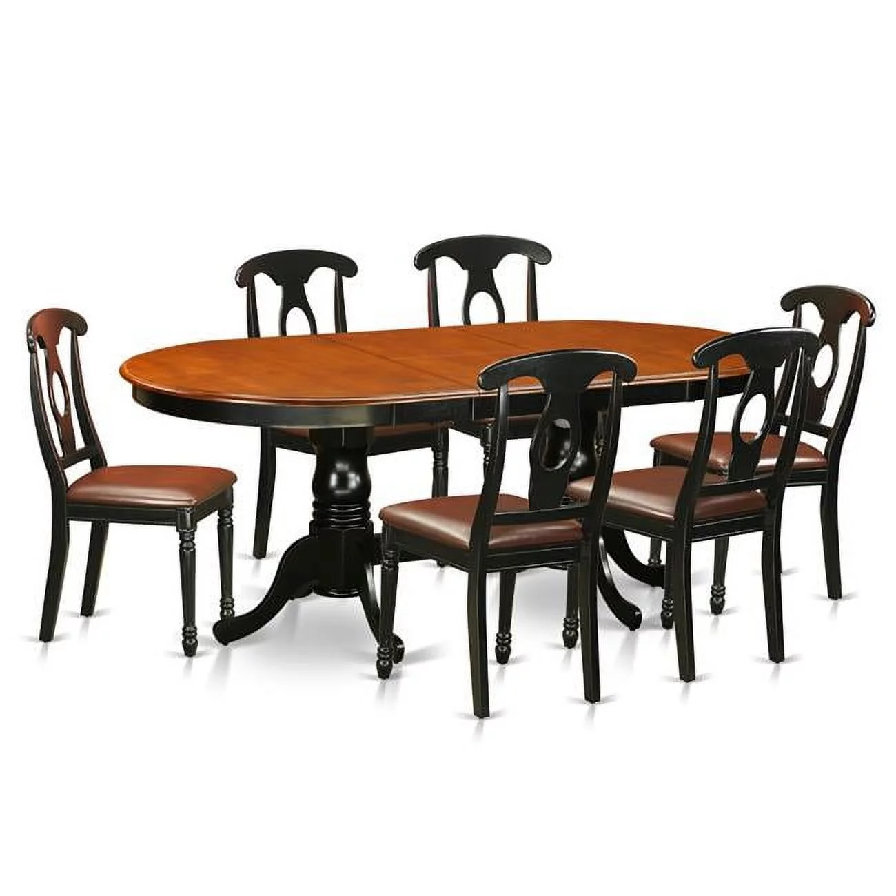 East West Furniture  Faux Leather Dining Room Set - Table with 6 Wooden Chairs, Black & Cherry - 7 Piece