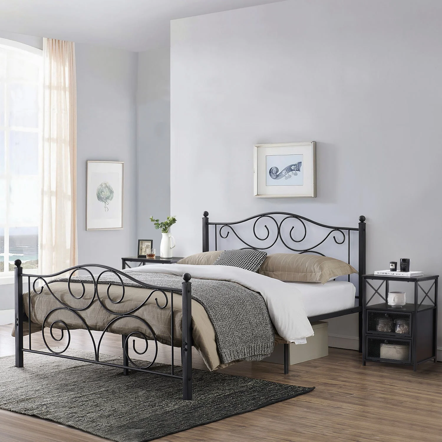 VECELO 3-Piece Victorian Bedroom Set Bed Frame And 2 Nightstand