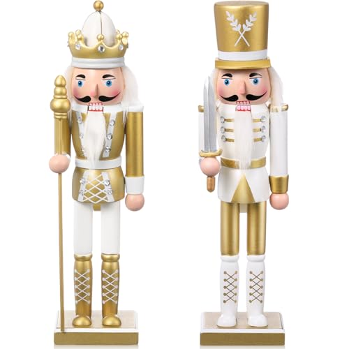 Huwena 2Pcs Christmas Nutcracker Figure Decorations 12'' Traditional Painted Wooden Nutcracker Soldier Figure Decor Holiday Festive Party Gift for Xmas Home Office Mantel Table Decor(Spear and Sword)