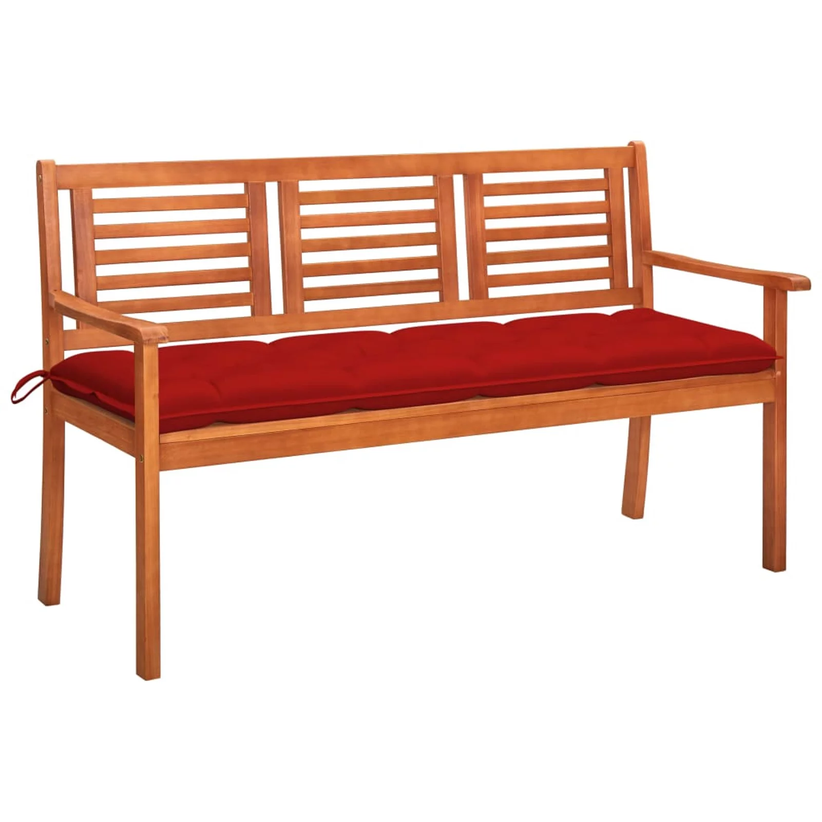 moobody 3-Seater Garden Bench with Red Cushion Eucalyptus Wood Porch Chair Wooden Outdoor Bench for Patio, Backyard, Balcony, Park, Lawn Furniture 59.1in x 23.6in x 35in (W x D x H)