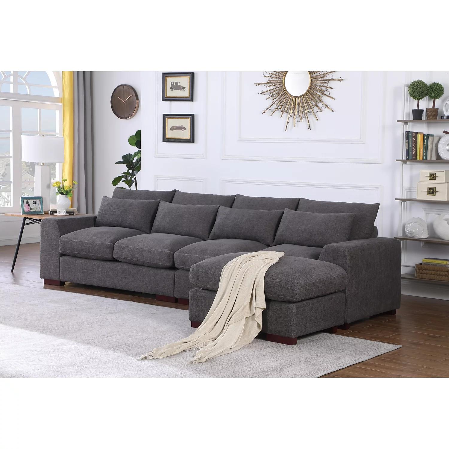 Devion Furniture 123.24'' Fabric Square Arm Modular Reversible Sectional Sofa & Ottoman-Dark Gray