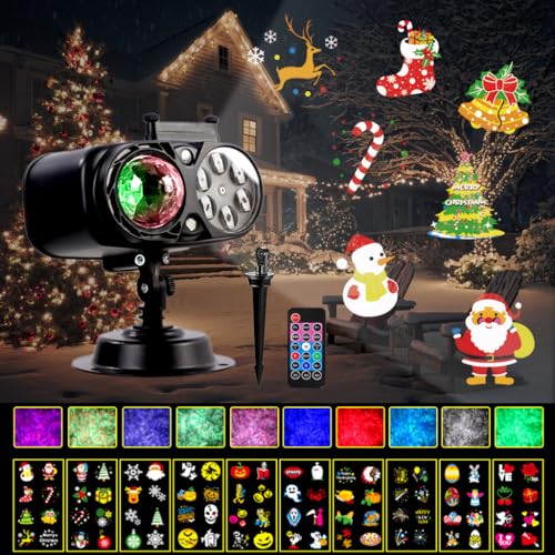 2025 Upgrade Halloween Christmas Projector Lights Outdoor/Indoor with Remote Control Timers 2-in-1 Moving Patterns Landscape Lights,3D Ocean Wave Projection Light for Xmas Halloween Party Decorations