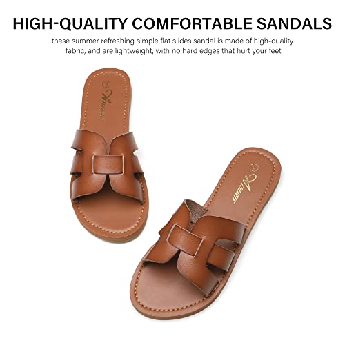 Athlefit Women's Flat Sandals Summer Casual Slip On Leather Slide Sandal