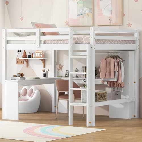 Full Size Loft Bed with L Shaped Desk, Pine Wood Loft Bed Frame with Wardrobe and Storage Shelves, Full Bed Frame with Guardrails and Ladder,No Box Spring Needed, White